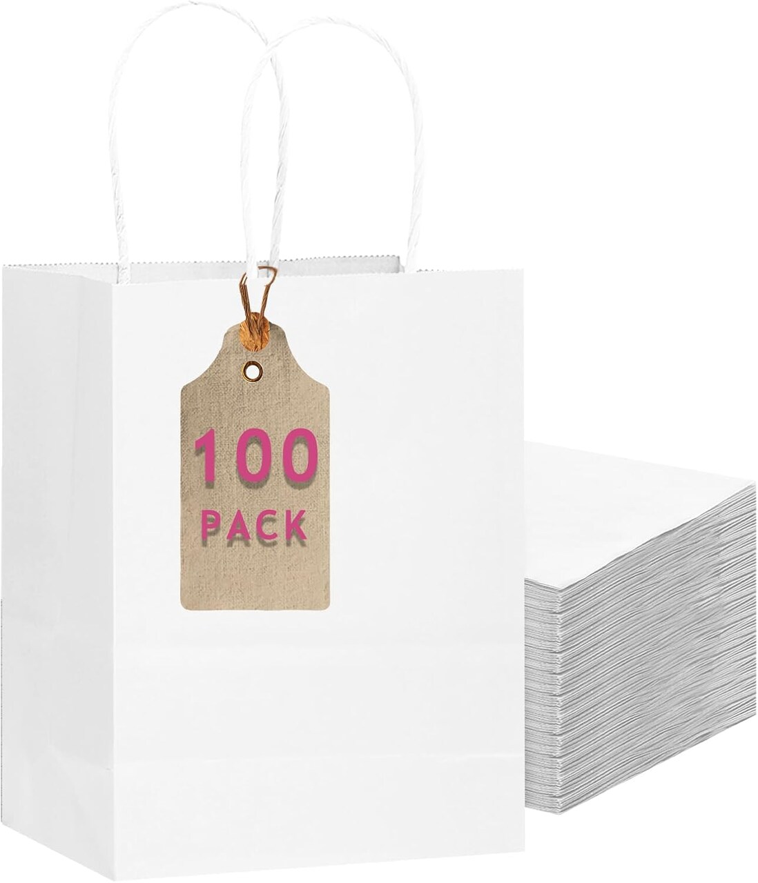 100-Packs White Paper Gift Bags with Handles 7.6"x4.75"x10.5" Medium Size Gift Bags Multiple Uses